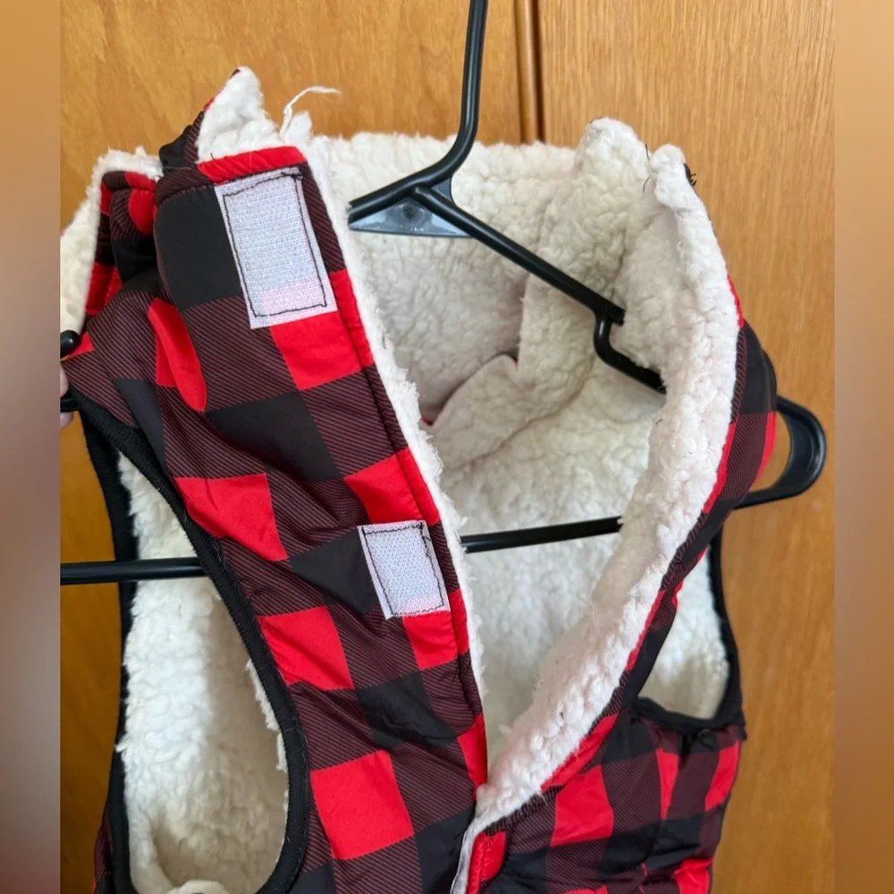 Buffalo plaid Sherpa lined dog vest with hood